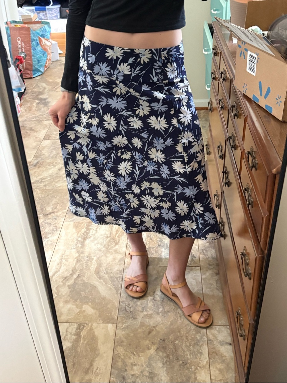 Vintage Y2K Floral Midi Skirt Blue Daisy Print A-Line Size 4